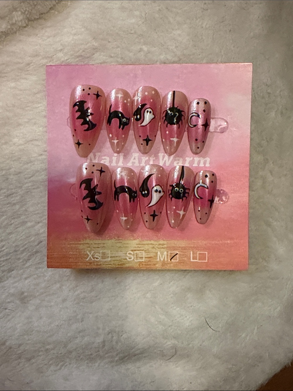 Pink Halloween Press-On Nails Set with Ghost & Bat Designs